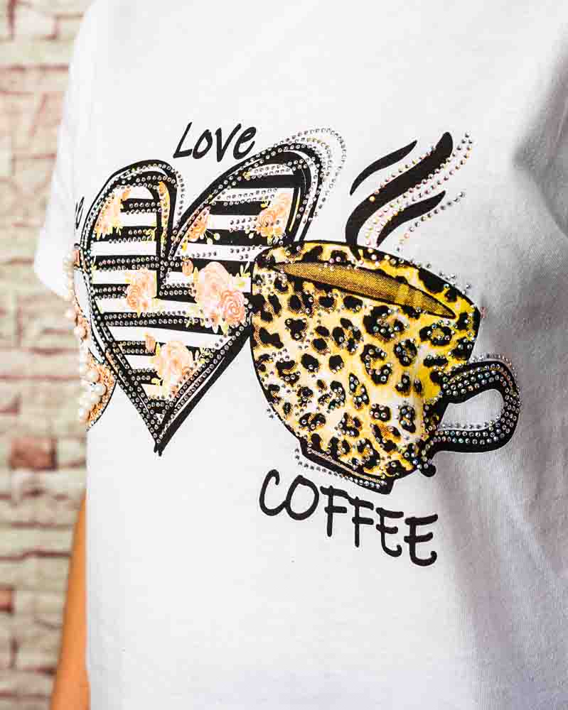 Dámske tričko PEACE/LOVE/COFFEE s aplikáciami - biele